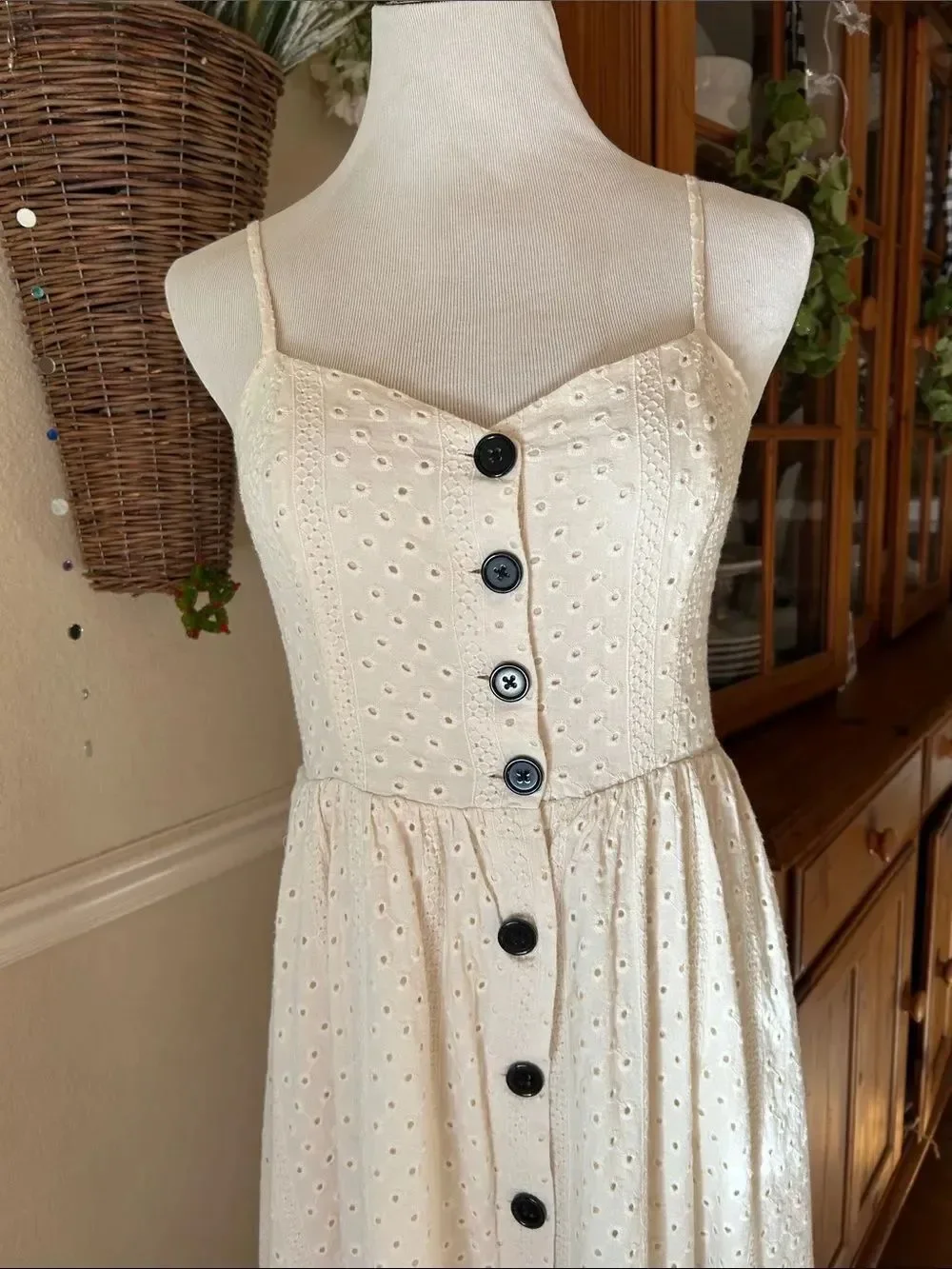 Urban Outfitters Abbey Cream Eyelet Fully Lined Button-Front Midi Dress